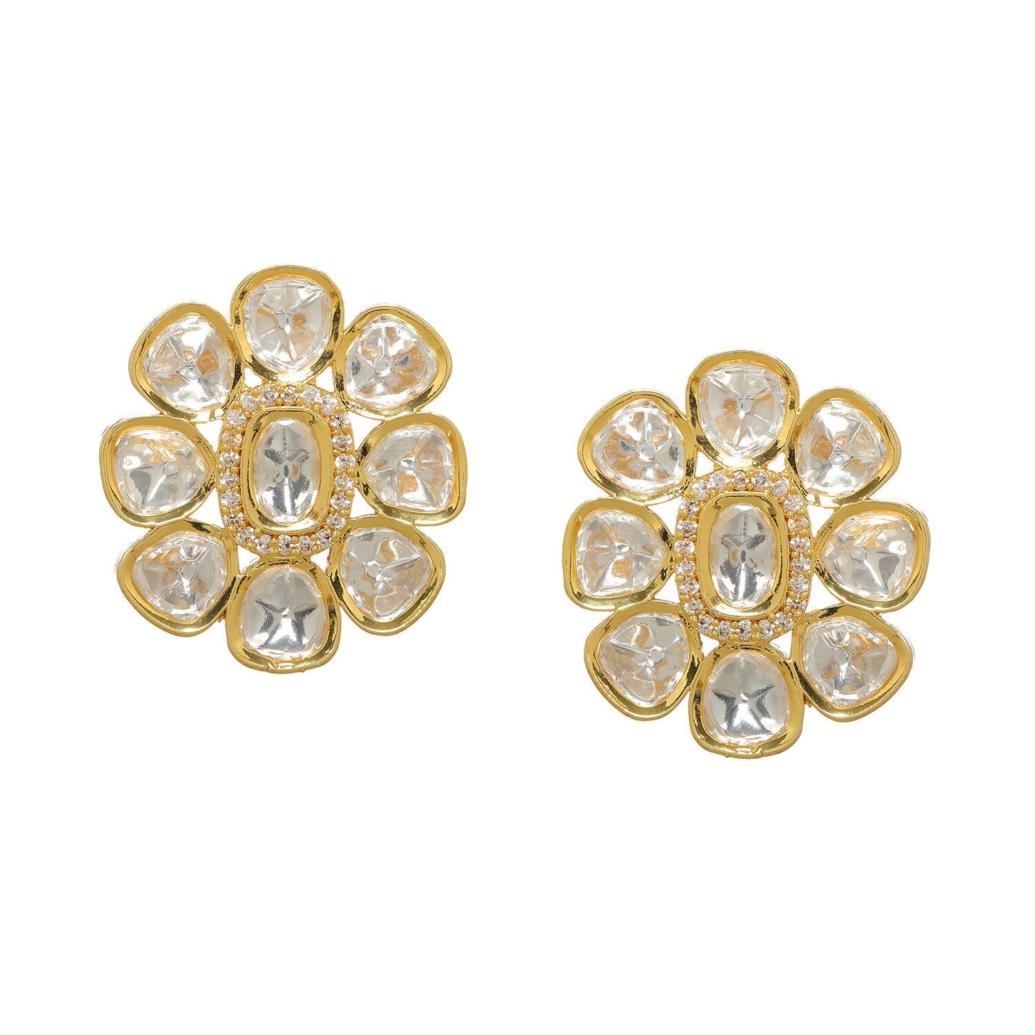 Oversized Round Kundan Studs (Gold) - Ruby Raang