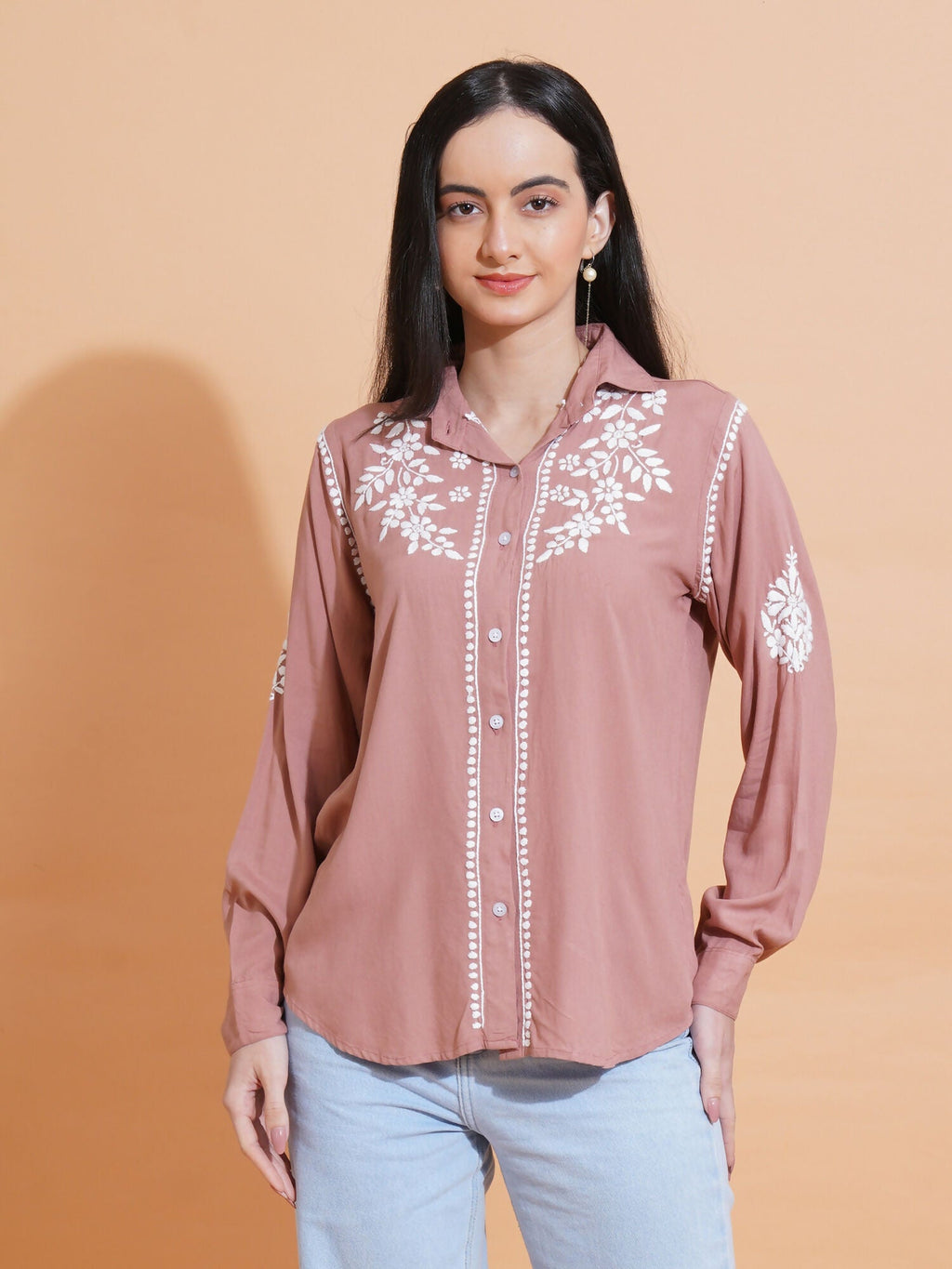 Pahnaz Modal Chikankari Handwork Shirt-Brown | Grocsy