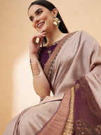 Beige, Purple Tussar Silk Zari, Thread And Cord Embroidery, Laser Cut Applique Saree - Norita Hit Design | Grocsy
