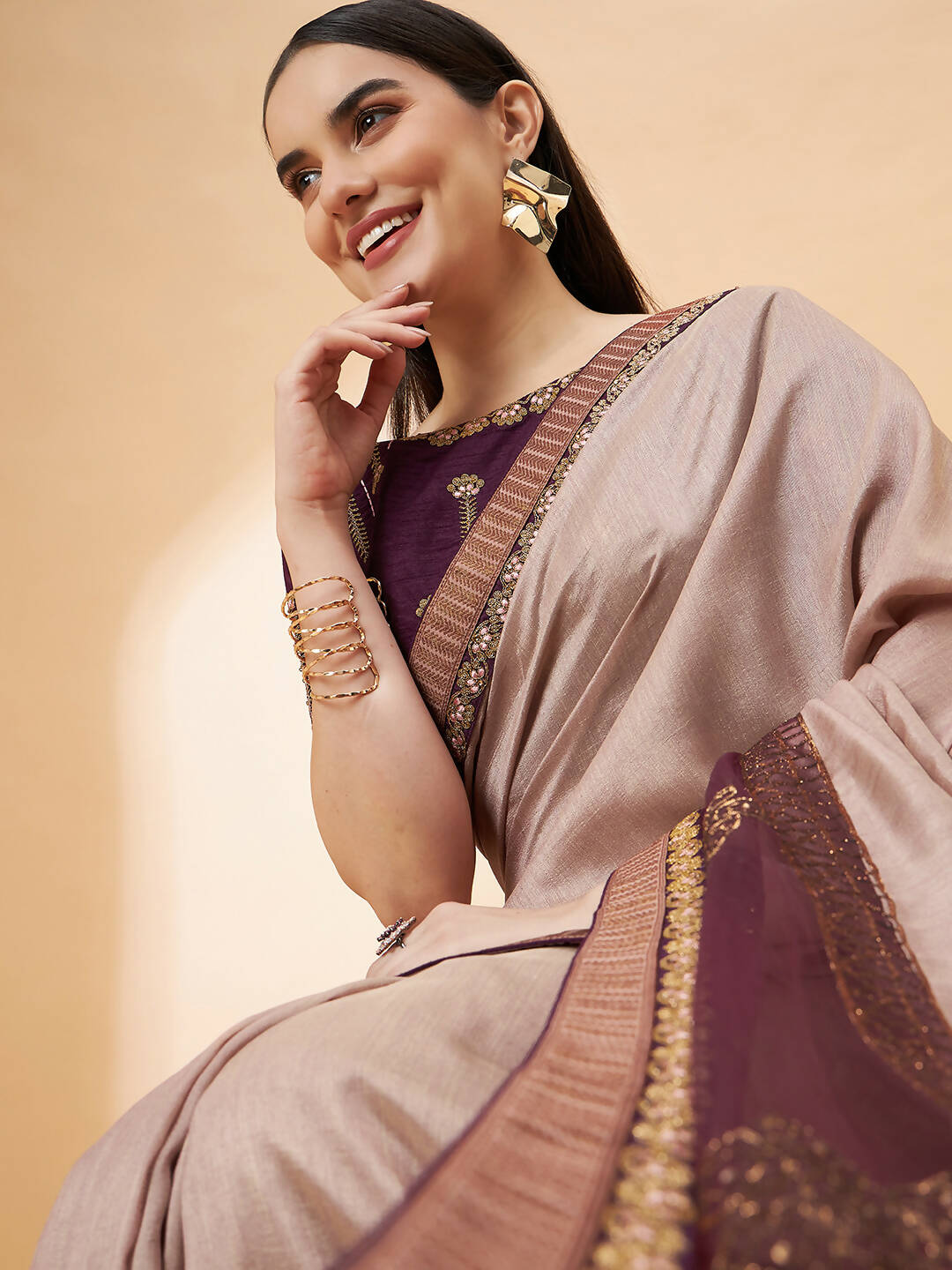 Beige, Purple Tussar Silk Zari, Thread And Cord Embroidery, Laser Cut Applique Saree - Norita Hit Design | Grocsy