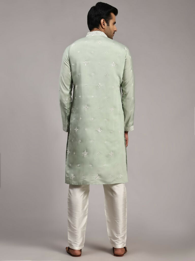 Light Green Silk Designer Embroidery Work Men's Rajwadi Kurta Set - Mahotsav | Grocsy