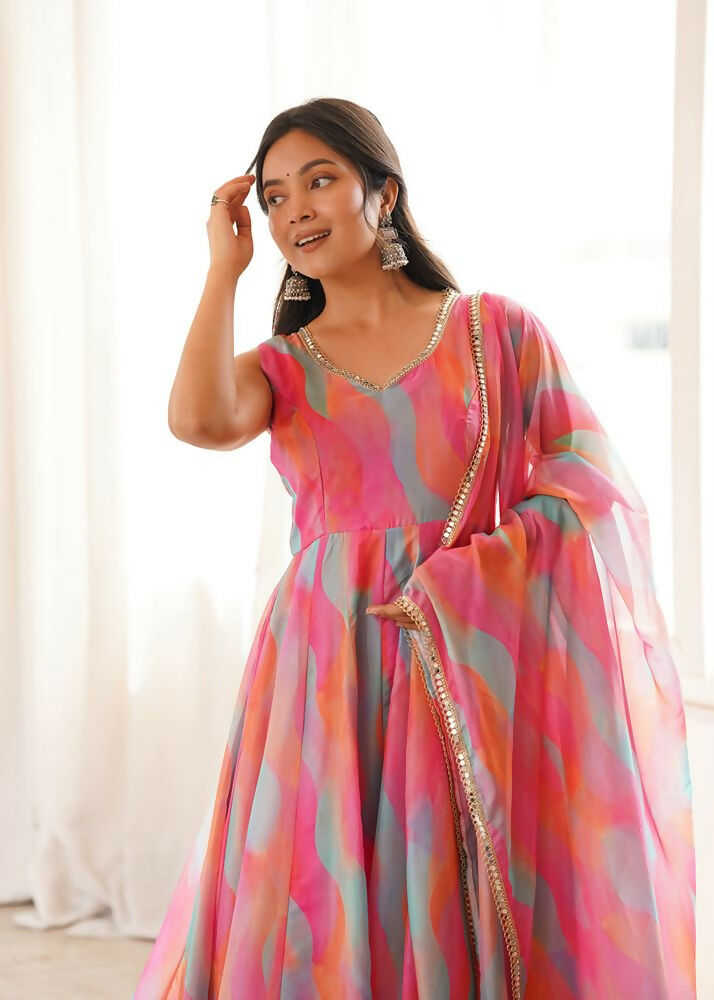 Teeya Creation New Womens Vibrant Multi-Colored Abstract Print Sleeveless Anarkali Suit with Dupatta | Grocsy