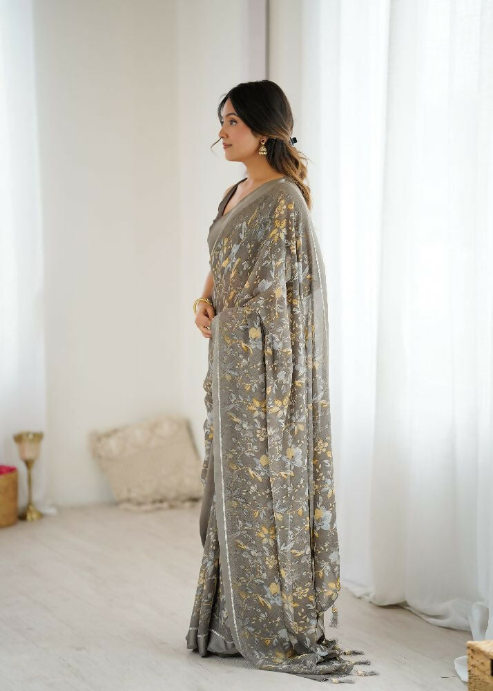 PR Fashion Grey Bright Moss Satin Patta Printed Saree | Grocsy