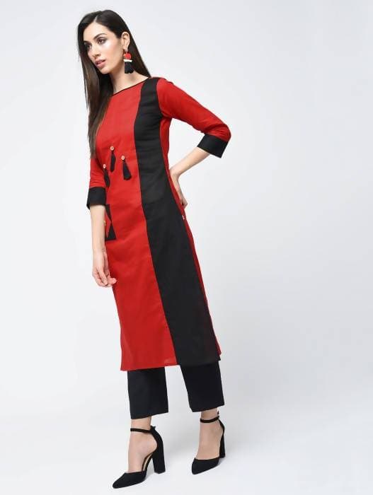 Aniyah Cotton Red Color Stylish Block Straight Kurta (AN-107K) | Grocsy