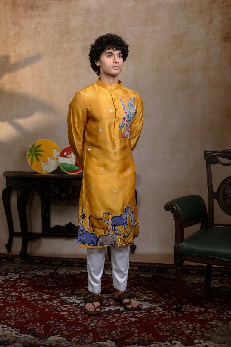 Falling Raw Silk Yellow Mural Krishna By Hilo Design | Grocsy