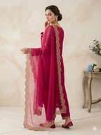 Teeya Creation New Womens Rani Pink Straight Cut Kurta Set with Scalloped Embroidered Organza Dupatta Set | Grocsy