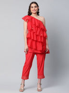 Ahalyaa Red Printed Layered Top with Trousers | Grocsy