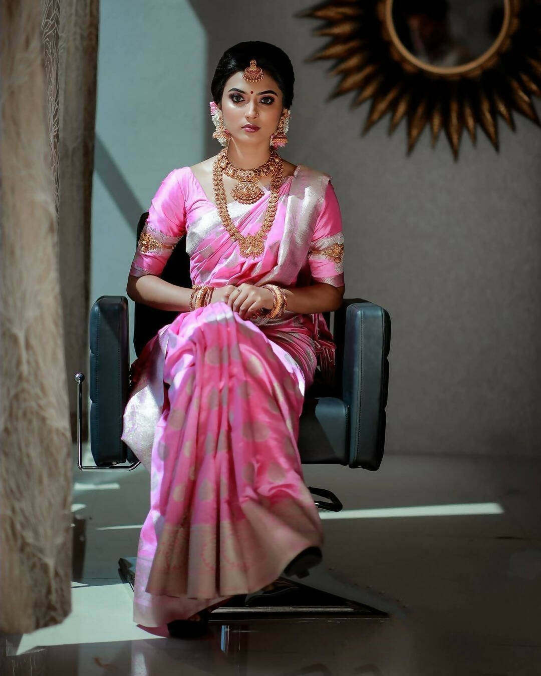 DEIANA'S Beautiful Designer Golden zari Soft Lichi Silk Saree - Baby pink | Grocsy
