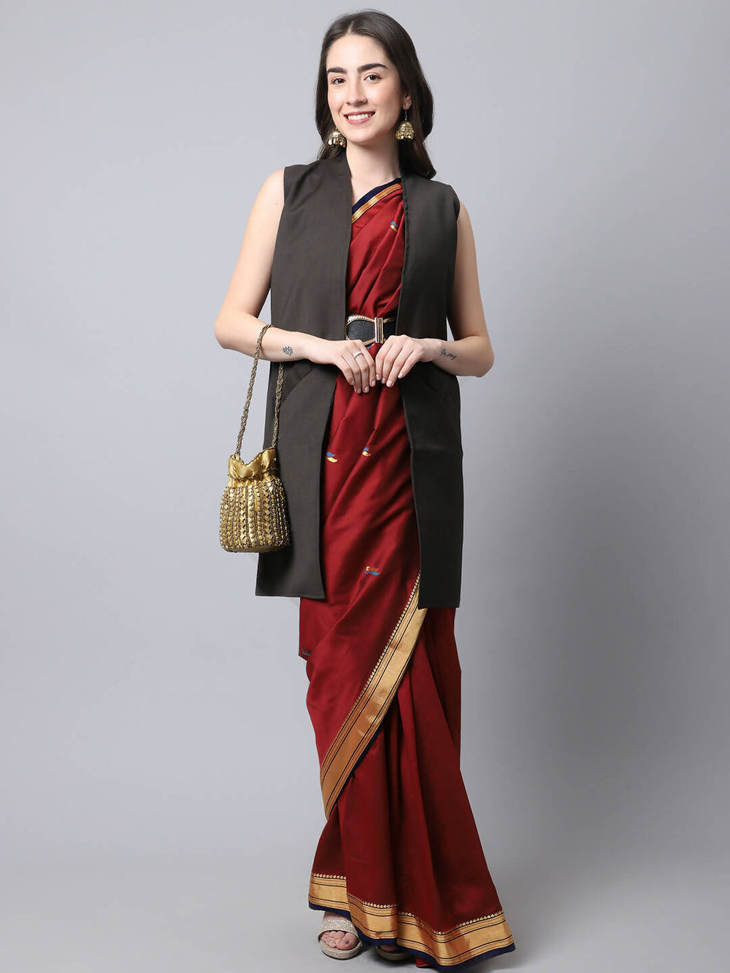 Even Apparels Brown Polywool Open Front Women's Long Coat | Grocsy