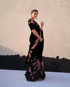 Arfa Fashion House Black Floral Pure Lilin Digital Printed Saree | Grocsy
