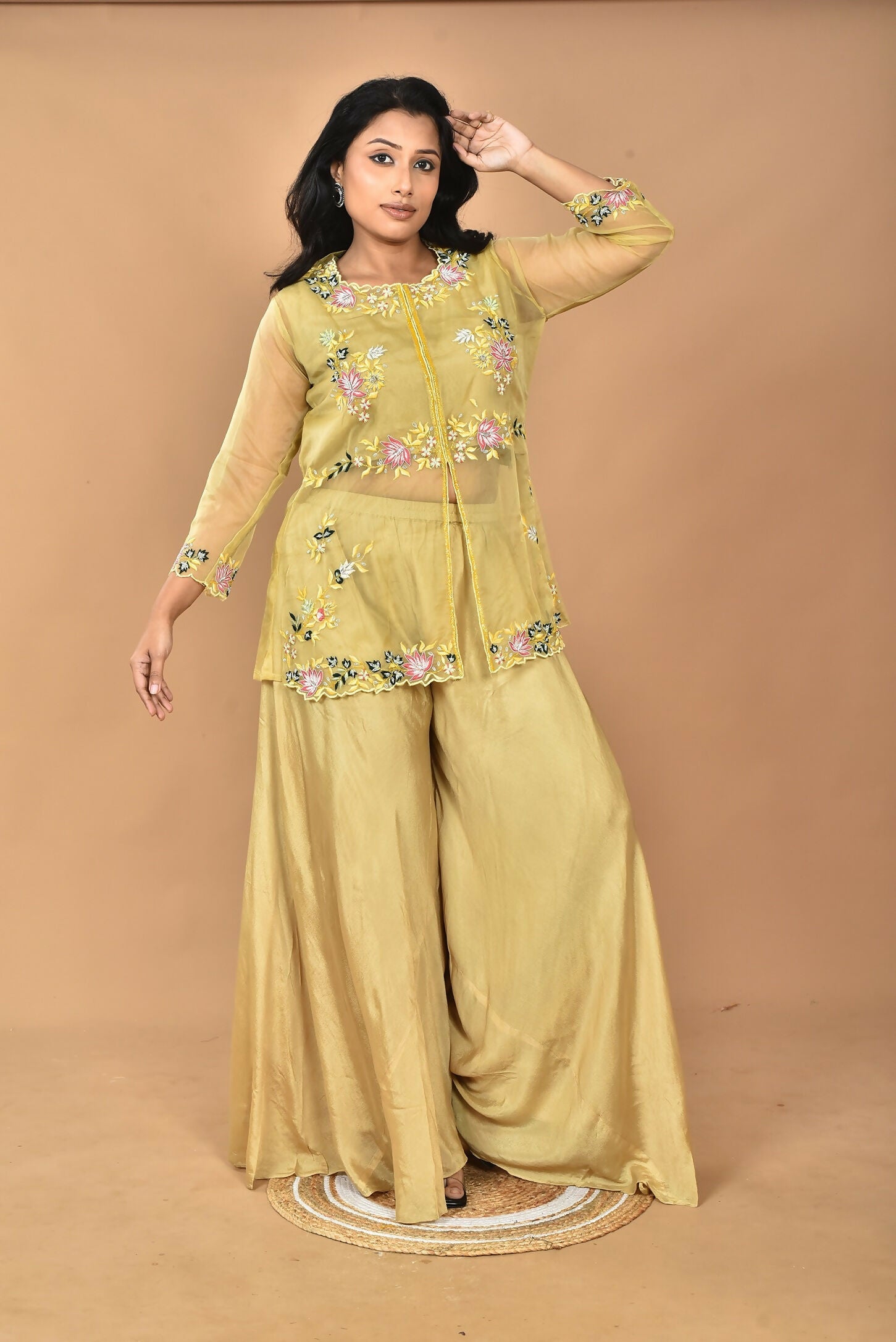 Morchari Women And Hand Embroidery Palazzo Set-Mustard | Grocsy