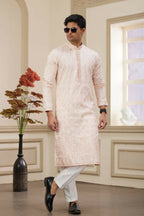 Raivat Ethnic Art Silk Thread Work Kurta Pajama In Light Pink Colour | Grocsy