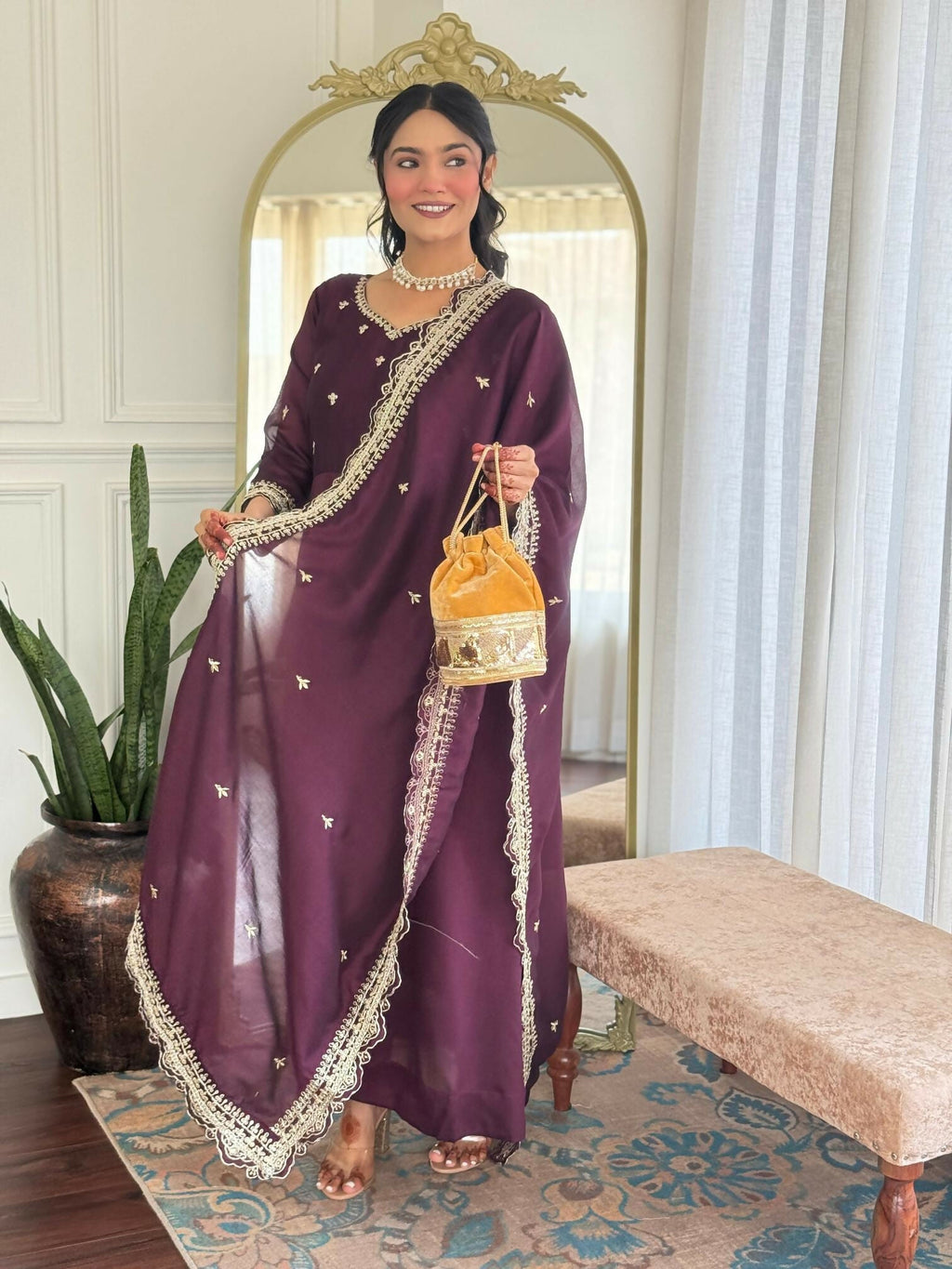 The52 Wine Women's Gorgeous Vichitra Silk Fabric Embroidered Work Flared Anarkali Pant and Dupatta Set | Grocsy