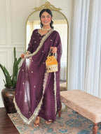 The52 Wine Women's Gorgeous Vichitra Silk Fabric Embroidered Work Flared Anarkali Pant and Dupatta Set | Grocsy
