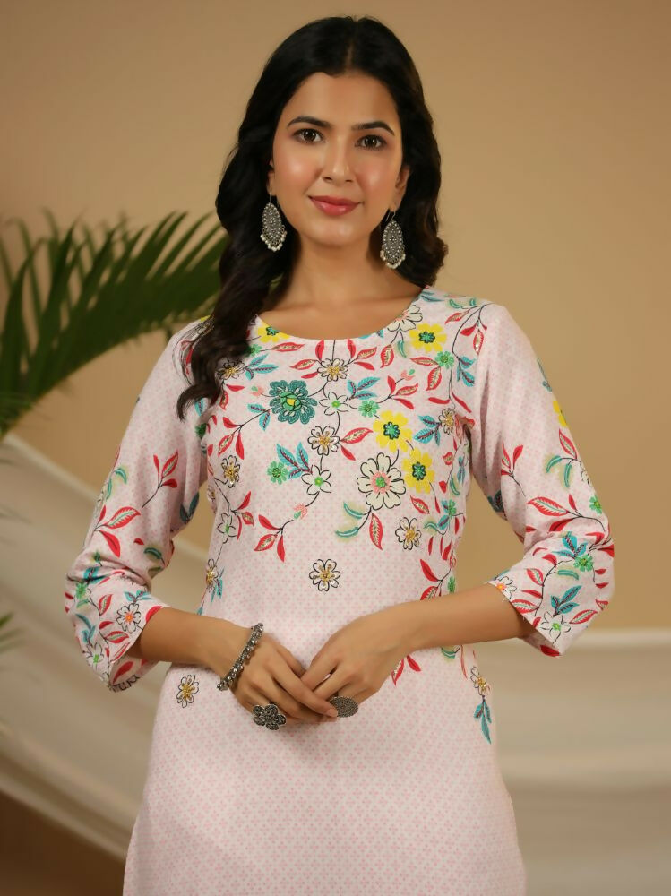 Juniper Pink Floral Printed Rayon Kurta With Sequins & Beads Work | Grocsy