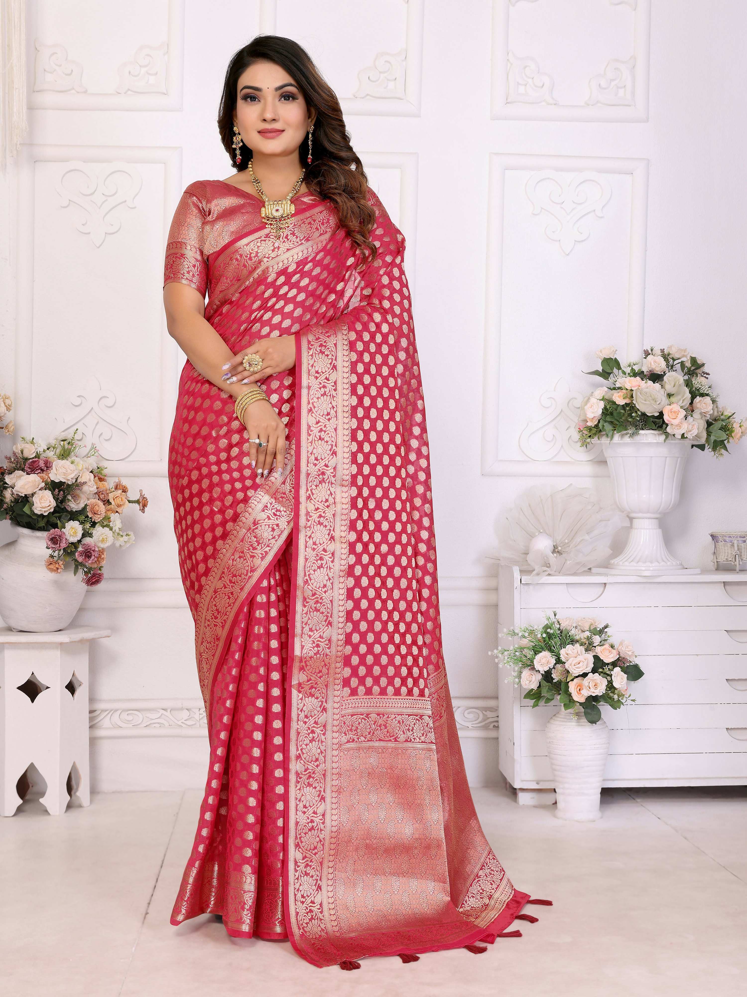 Aastha Fashion Magenta Organza Silk Weaving Saree | Grocsy
