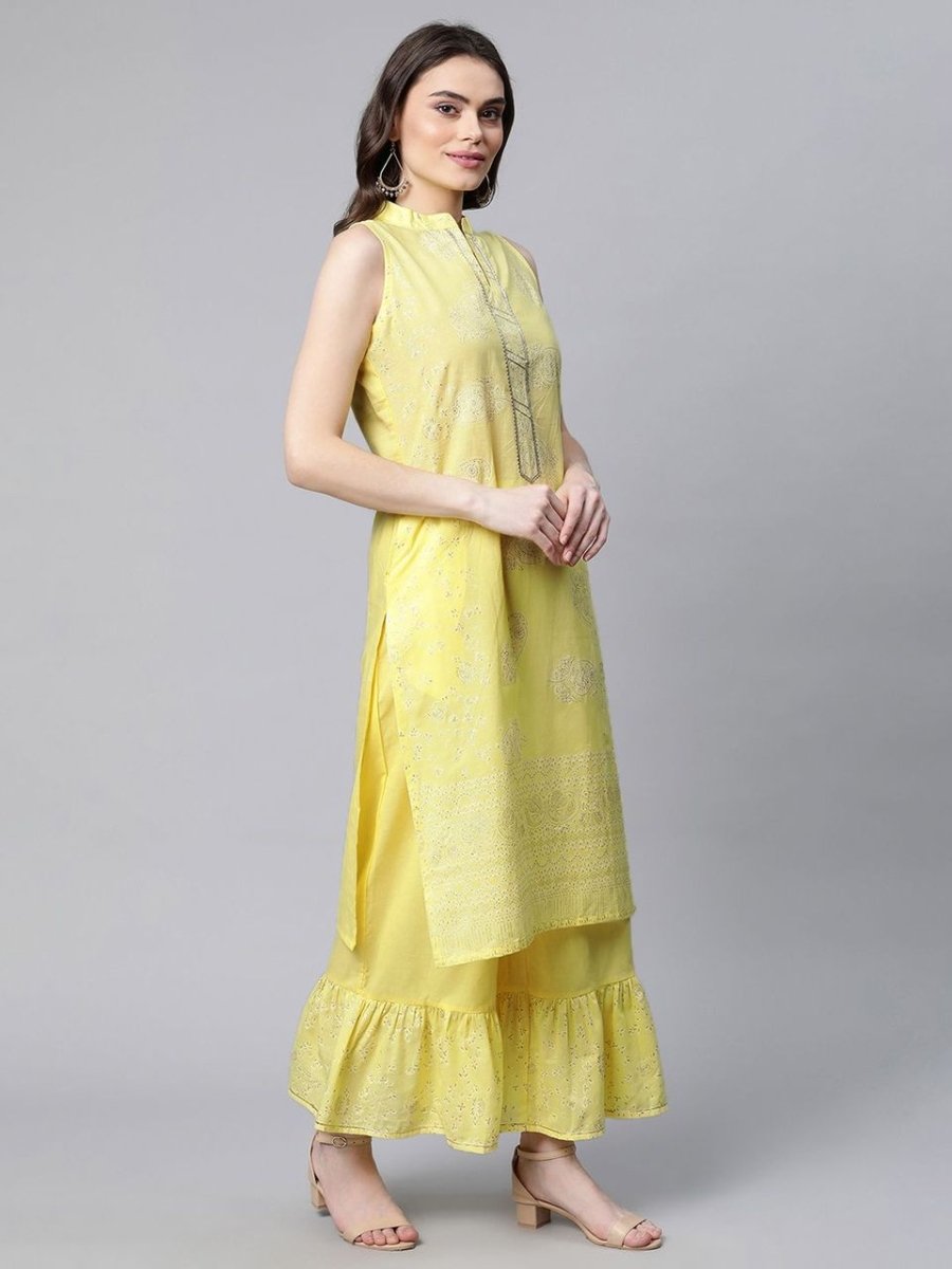 Ahalyaa Women Yellow Colour Pure Cotton Glitter Print Kurta Palazzo Set | Grocsy
