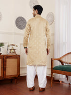 Beige Viscose Woven Jacquard Work Men's Rajwadi Kurta Set - Mahotsav | Grocsy