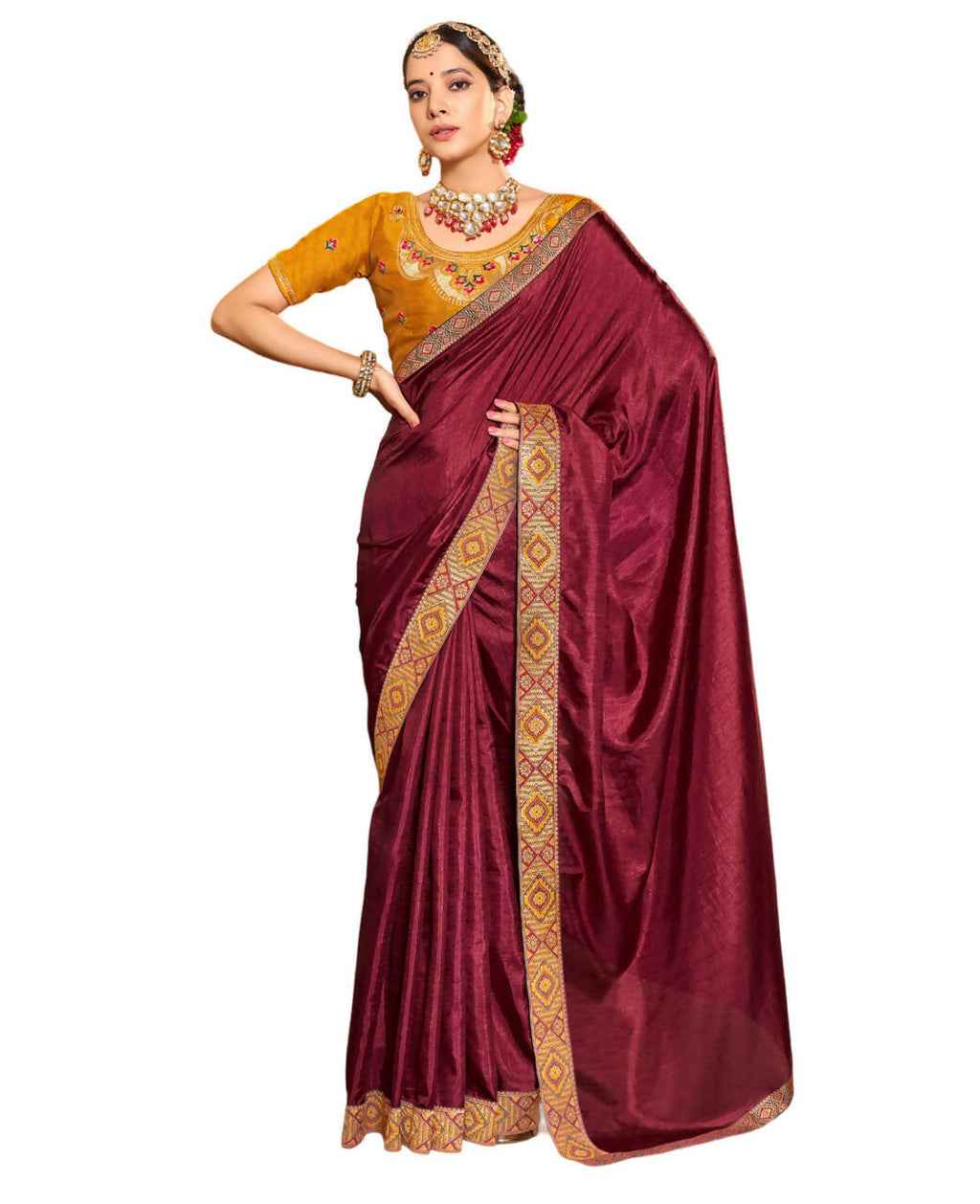 Dark Maroon Solid Vichitra Saree With Unstitched Blouse Piece - Selena | Grocsy