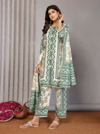 Joban Fashion Women Off White & Forest Green Linen Printed Stitched Kurta Set | Grocsy