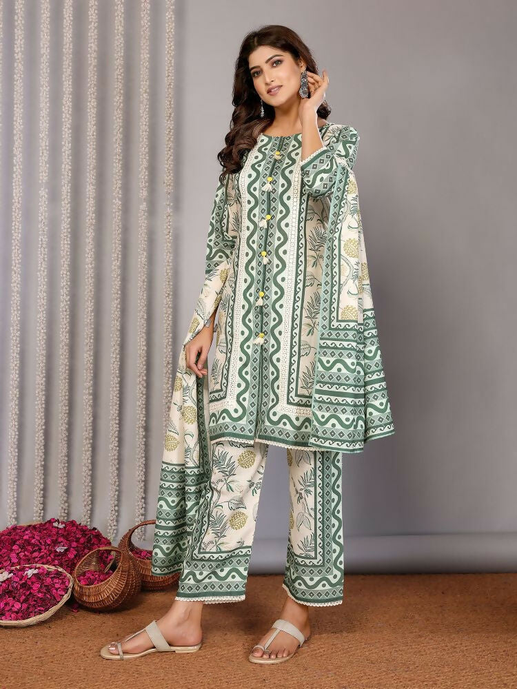 Joban Fashion Women Off White & Forest Green Linen Printed Stitched Kurta Set | Grocsy