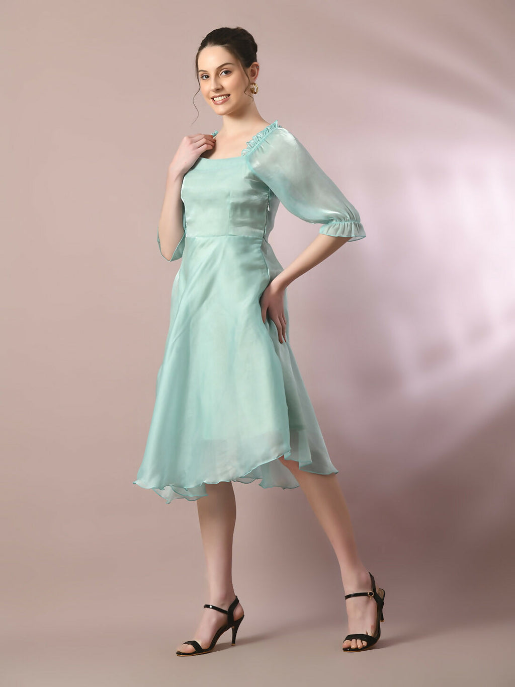 Myshka Women's Sea Green Solid Square Neck Fit and Flare Party Dress | Grocsy