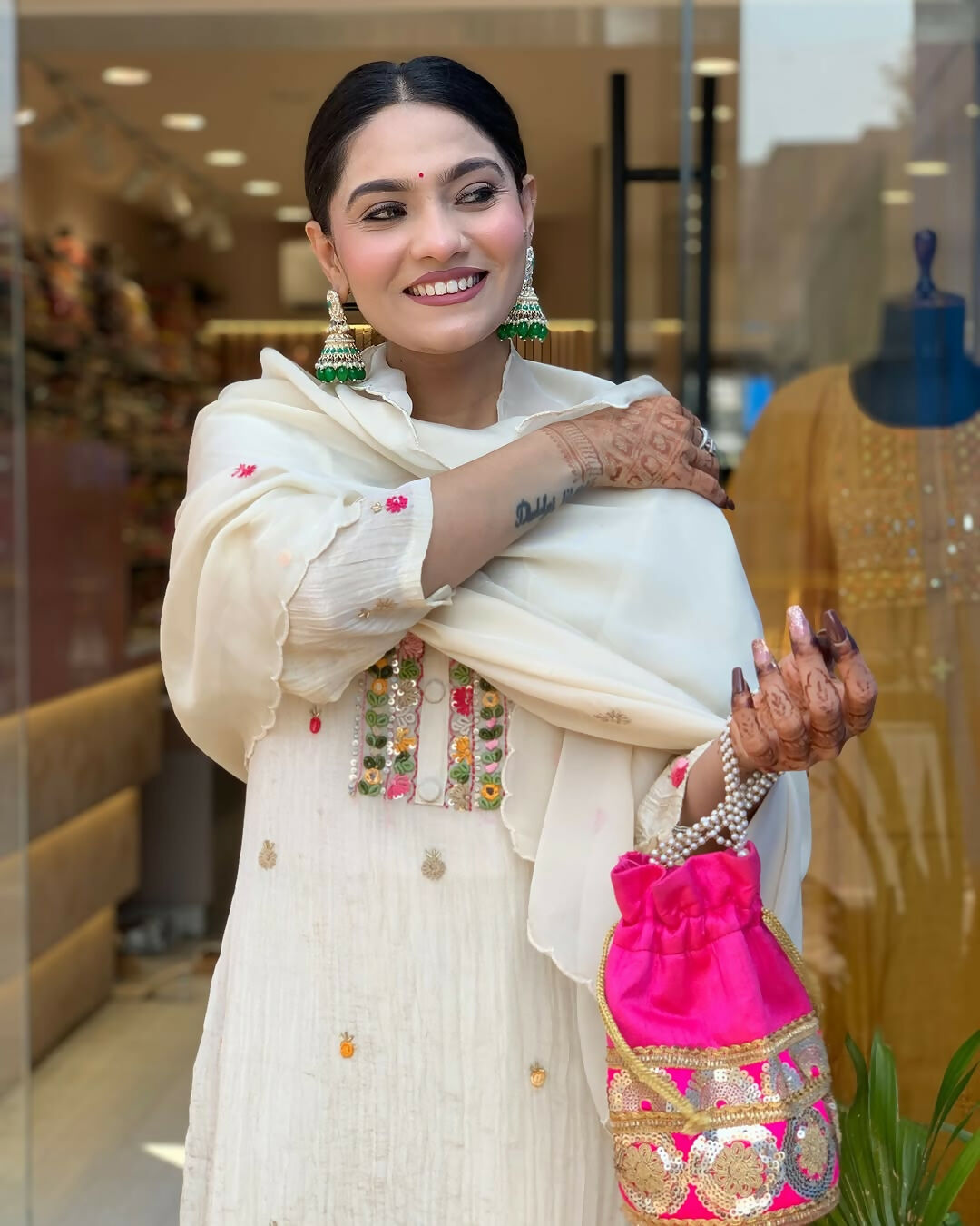The52 Off White Women's Gorgeous Chinon Fabric Embroidered Work Straight Kurta Pant and Dupatta Set | Grocsy