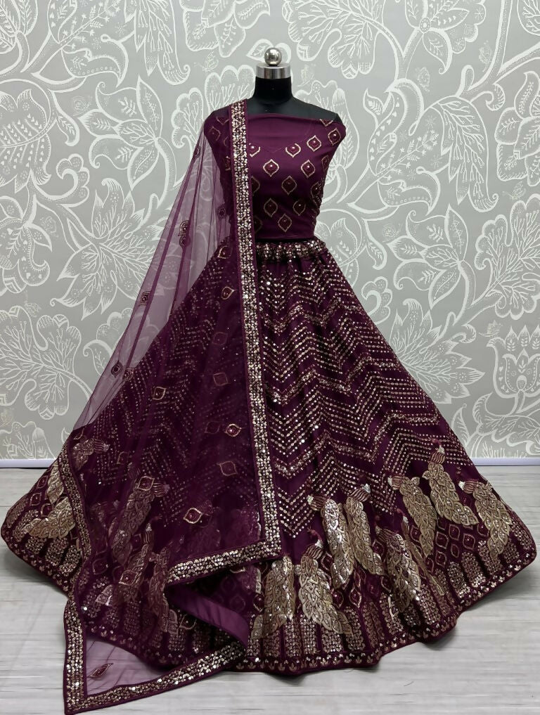 Jyoti Fashion Women's Purple Bridal Net Fancy Foil & Sequins with Multi Thread Embroidered Wedding Lehenga Choli | Grocsy