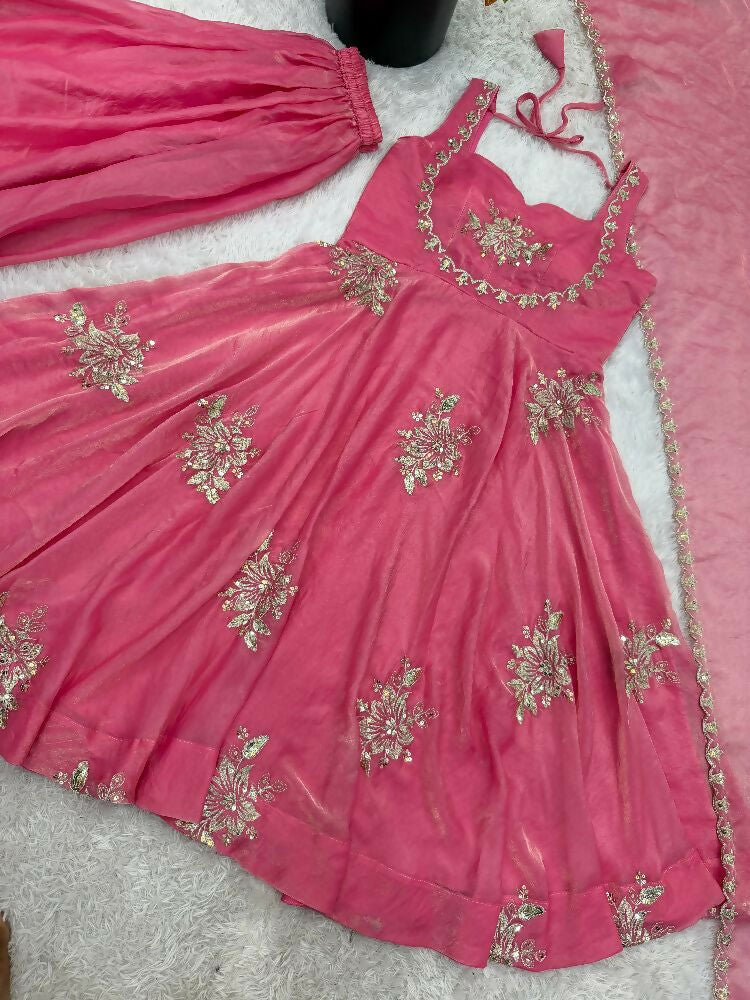 Teeya Creation New Womens Trendy Embroidery Sequence Work Pink Kurta Set | Grocsy