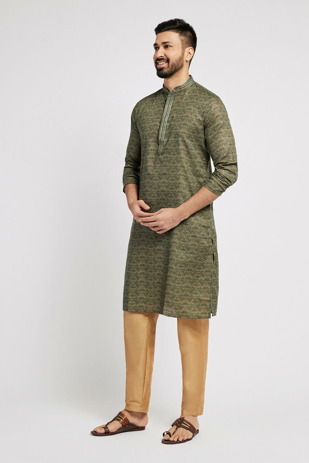 Ethnic India Green Men's Kurta Abstract Polyester | Grocsy