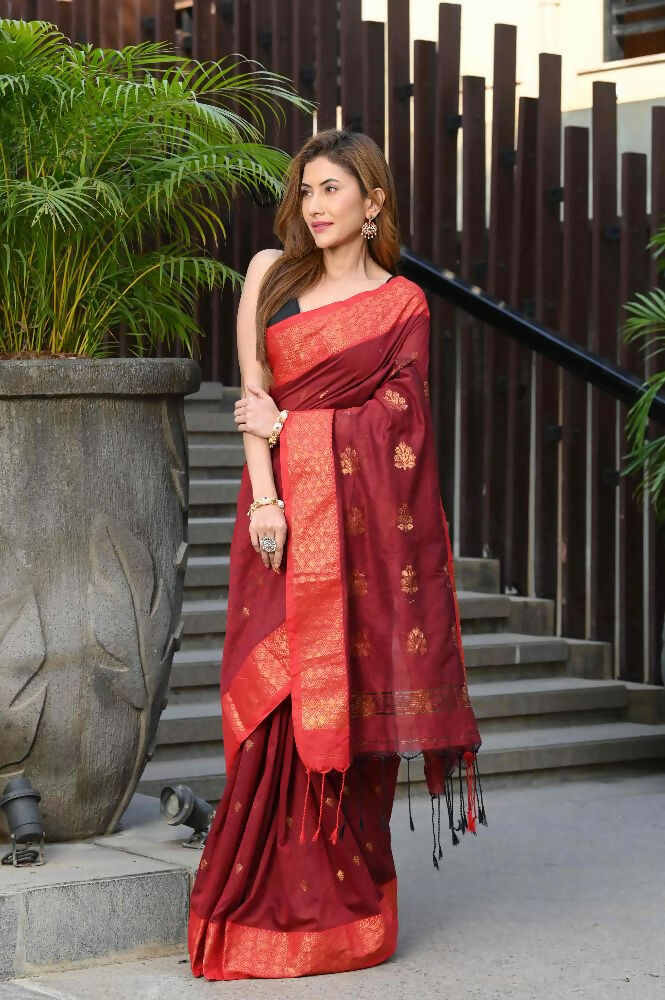 Beatitude Red Cotton Banarasi Saree | Grocsy