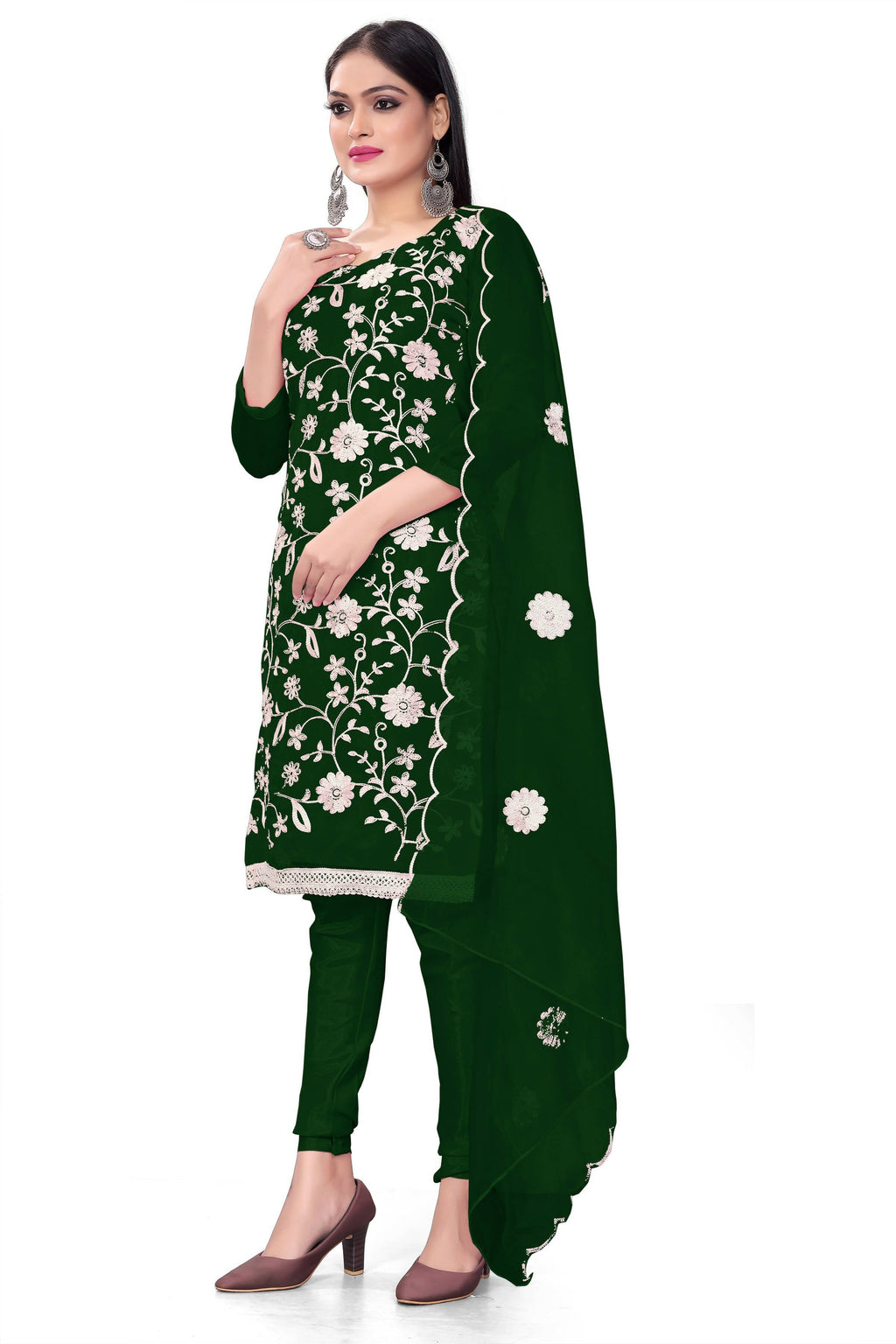 Green Organza Silk Embroidered Work Unstitched Dress Material - Tanvi | Grocsy