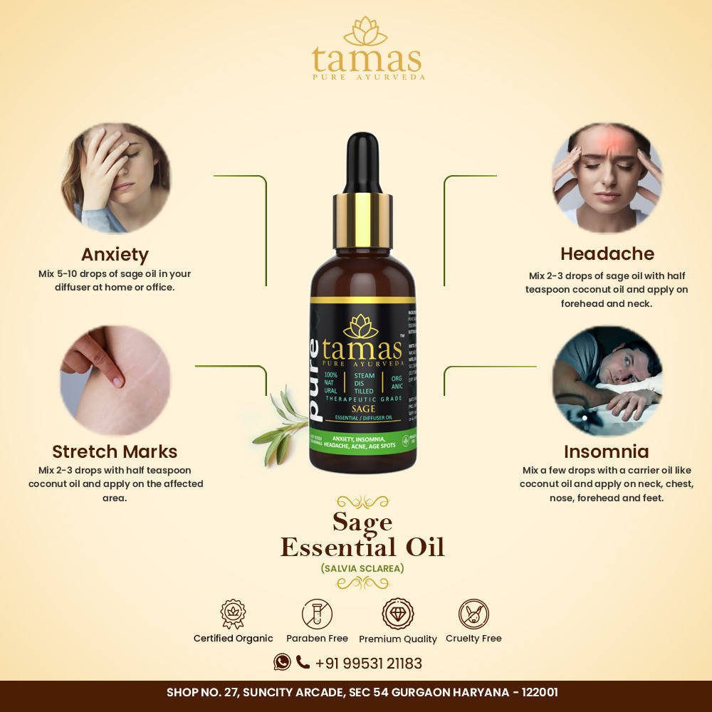 Tamas Pue Ayurveda 100% Organic Sage Essential Oil- - USDA Certified Organic | Grocsy