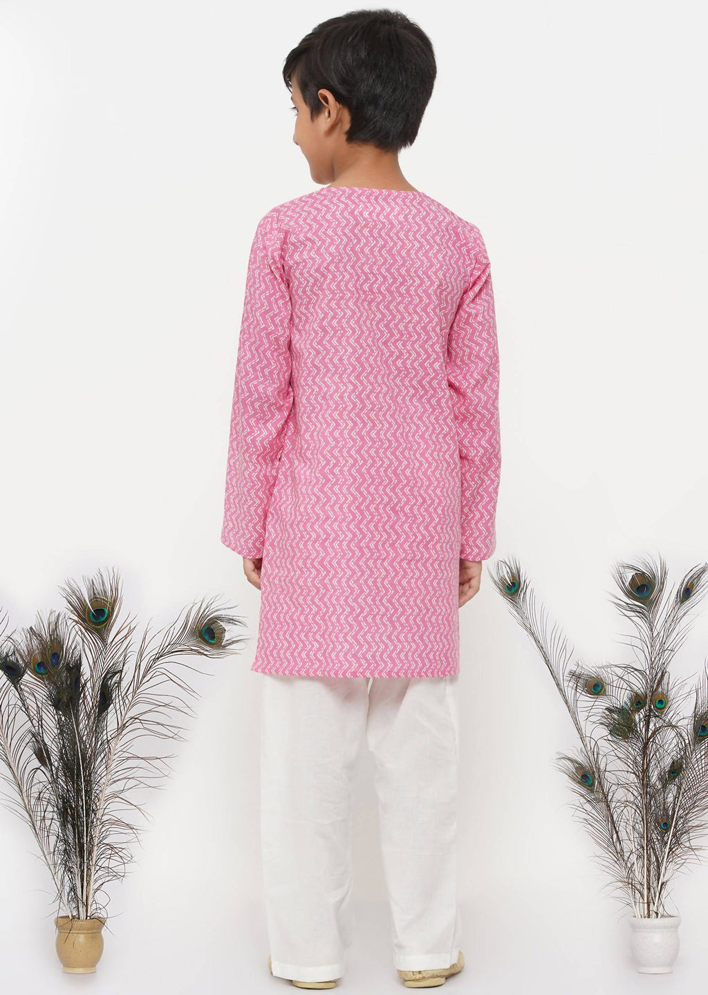 Little Bansi Boys Cotton Jaipuri Kurta with Pearl Buttons & Pyjama -Pink & Cream | Grocsy