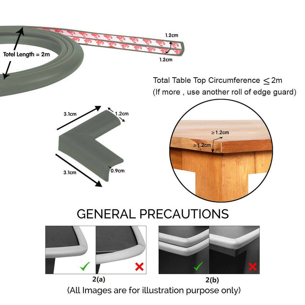 Safe-O-Kid Unique High Density L-Shaped 2 Mtr Long Mini 4 Edge Guard With 16 Corner Cushions - Grey | Grocsy