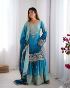 The52 Women's Beautiful Chinon silk Fabric Embroidery Work Straight Kurta Palazzo and Dupatta Set | Grocsy