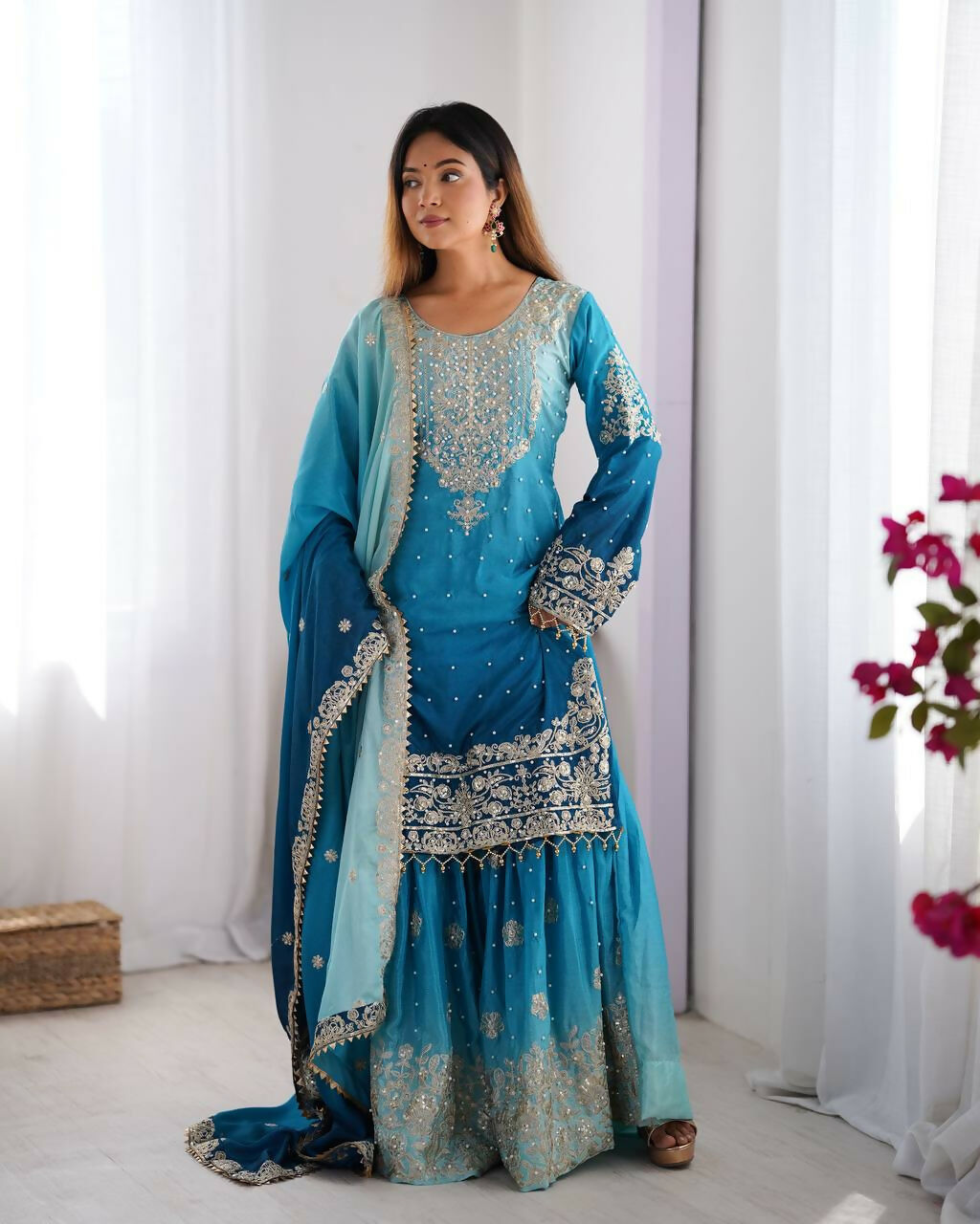 The52 Women's Beautiful Chinon silk Fabric Embroidery Work Straight Kurta Palazzo and Dupatta Set | Grocsy