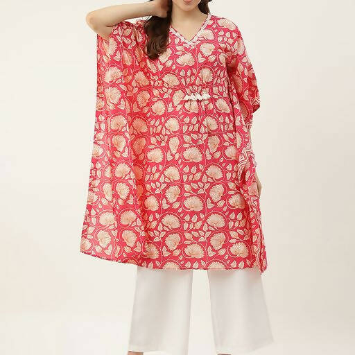 FIORRA Women's Printed Pure Cotton Kaftan Kurta - Red | Grocsy