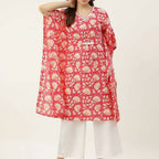 FIORRA Women's Printed Pure Cotton Kaftan Kurta - Red | Grocsy