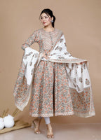 Miravan Women's Partywear Brown Floral Printed Gota Work Long Anarkali With Dupatta Set | Grocsy