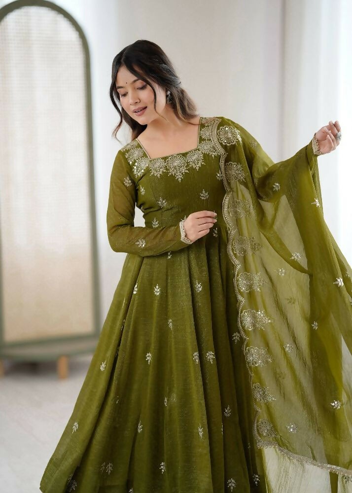 Teeya Creation Mehendi Color Crunchy Silk Embroidery Work Wedding Wear Gown | Grocsy