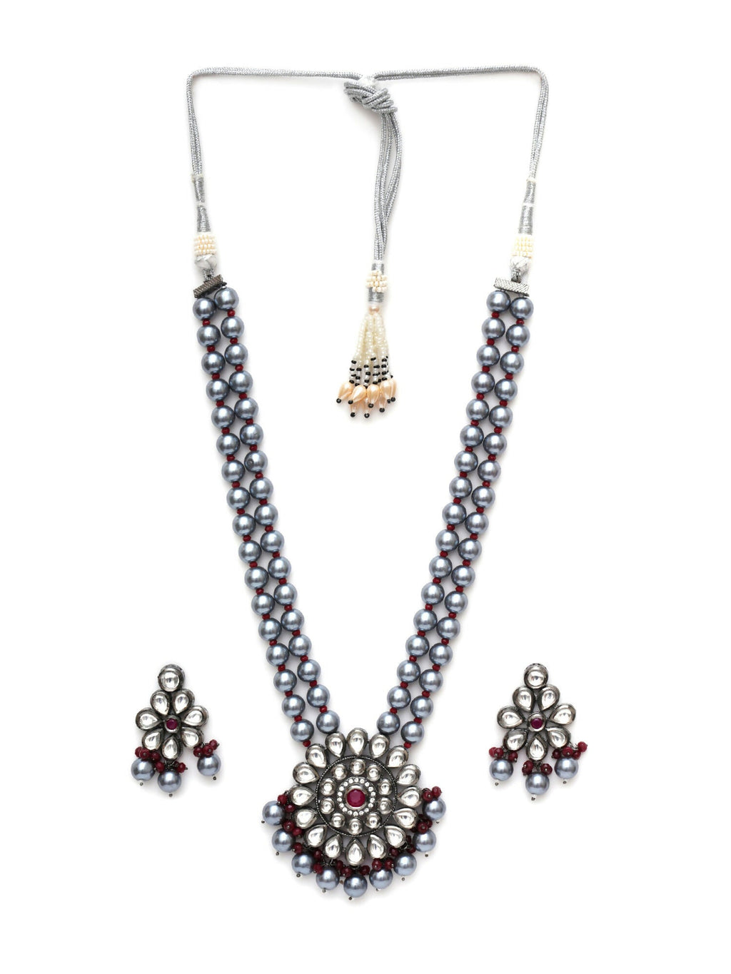 Long Kundan Neckpiece with Earrings with Multi Stones Jewellery Set (Grey) - Ruby Raang | Grocsy