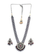 Long Kundan Neckpiece with Earrings with Multi Stones Jewellery Set (Grey) - Ruby Raang | Grocsy