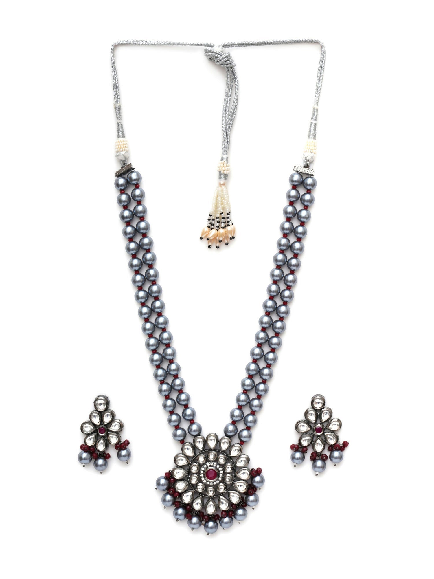 Long Kundan Neckpiece with Earrings with Multi Stones Jewellery Set (Grey) - Ruby Raang | Grocsy