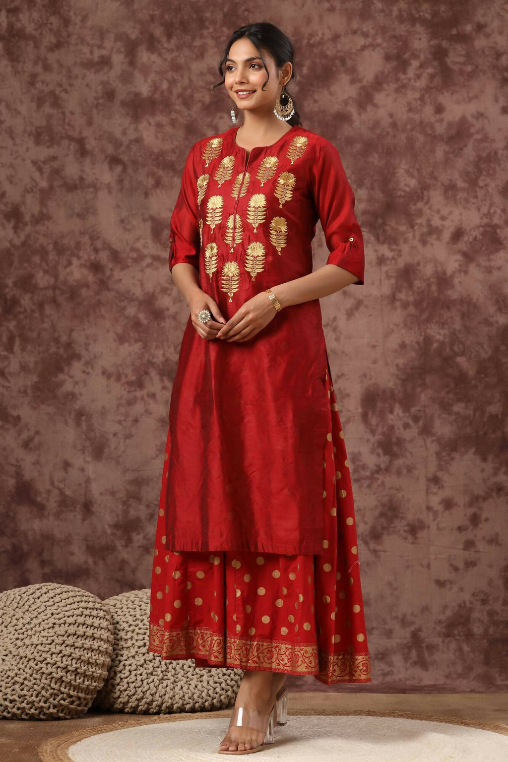 Juniper Women Maroon Chanderi Silk Embroidered & Printed Layered Dress | Grocsy