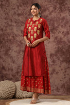 Juniper Women Maroon Chanderi Silk Embroidered & Printed Layered Dress | Grocsy