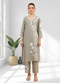 Joban Fashion Gray Linen Embroidered Readymade Long Kurta With Pant | Grocsy