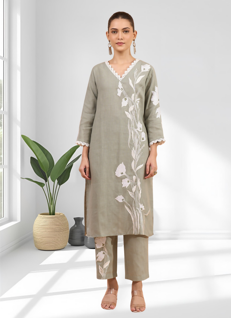 Joban Fashion Gray Linen Embroidered Readymade Long Kurta With Pant | Grocsy