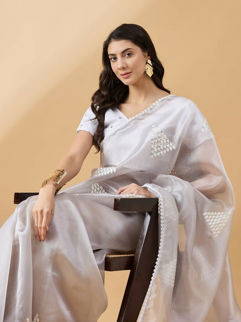 Grey Tissue Slub Embroidered Saree with Unstitched Blouse - Vairagi | Grocsy