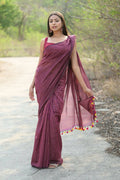 Very Much Indian Designer Pure Cotton Saree With All Over Linear Stripes - Maroon | Grocsy
